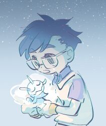 Rule 34 | blue hair, closed eyes, digimon, digimon (creature), glasses, kido jo, looking at another, pitchmon, short hair