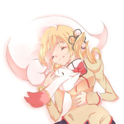 Rule 34 | 10s, 1girl, :3, blonde hair, bow, closed eyes, drill hair, hair ornament, hand on own stomach, happy, izusetsu, kyubey, lying, mahou shoujo madoka magica, mahou shoujo madoka magica (anime), nuzzle, on back, school uniform, simple background, skirt, sleeping, smile, tail, tomoe mami, twin drills, twintails