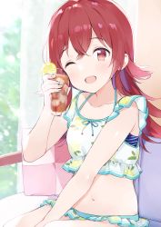 Rule 34 | 1girl, absurdres, bikini, collarbone, commentary request, couch, cup, curtains, drinking glass, food, frilled bikini, frills, fruit, highres, iced tea, idolmaster, idolmaster shiny colors, komiya kaho, lemon, lemon slice, long hair, looking at viewer, midriff, monon tulle, navel, one eye closed, open mouth, red eyes, red hair, sitting, sleeveless, solo, swimsuit