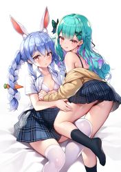 Rule 34 | 2girls, :q, animal ear fluff, animal ears, black bra, black legwear, black panties, blue hair, blue skirt, blush, bow, bra, braid, breasts, brown jacket, butterfly hair ornament, carrot hair ornament, collared shirt, commentary request, earrings, extra ears, food-themed hair ornament, green hair, hair behind ear, hair bow, hair ornament, hand on another&#039;s thigh, heart, heart earrings, highres, hololive, jacket, jewelry, multicolored hair, multiple girls, no shoes, off shoulder, open clothes, open shirt, panties, parted lips, plaid, plaid skirt, pleated skirt, purple hair, rabbit ears, red eyes, shirt, sitting, skirt, small breasts, socks, thick eyebrows, thighhighs, tongue, tongue out, twin braids, twintails, two-tone hair, underwear, uruha rushia, uruha rushia (school uniform), usada pekora, virtual youtuber, white bow, white bra, white legwear, white shirt
