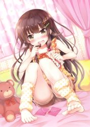 Rule 34 | 1girl, :t, absurdres, bag, barefoot, blush, bow, brown eyes, brown footwear, brown hair, camisole, chocolate, collarbone, curtains, cushion, dutch angle, eating, feet, food, full body, hair bow, hair ornament, hairclip, heart, heart print, highres, holding, holding food, indoors, leg warmers, letter, long hair, love letter, matching hair/eyes, open mouth, original, pink bow, plastic bag, red ribbon, ribbon, scan, shoes, sitting, solo, stuffed animal, stuffed toy, tachitsu teto, tears, teddy bear, toes, torn letter, very long hair, wallpaper (object), wavy mouth, x hair ornament