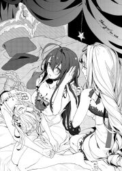 Rule 34 | 3girls, alternate hairstyle, antenna hair, barefoot, bed, bedroom, blazblue, blazblue remix heart, blush, breasts, crescent, closed eyes, genderswap, genderswap (mtf), greyscale, hair down, hairband, hairdressing, hand in another&#039;s hair, hand in own hair, kajun faycott, large breasts, long hair, looking at another, lying, mai natsume, monochrome, multiple girls, nightgown, on back, open mouth, pillow, selenoring, shiori kirihito, sitting, smile, two side up, very long hair