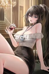 Rule 34 | 1girl, absurdres, alcohol, bare shoulders, black hair, black skirt, blue eyes, breasts, commentary request, commission, cup, drinking glass, highres, holding, holding cup, indoors, korean commentary, lanyard, large breasts, lillly, long hair, off-shoulder shirt, off shoulder, original, pencil skirt, ponytail, shirt, sitting, skirt, solo, thighs, very long hair, white shirt, wine, wine glass