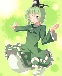 Rule 34 | 1girl, blush, dress, frilled skirt, frills, ghost tail, gradient background, green dress, green eyes, green hair, green theme, hat, highres, layered skirt, long sleeves, looking at viewer, matching hair/eyes, nail polish, negu (pixiv 6519140), ofuda, one eye closed, outline, outstretched arm, skirt, smile, soga no tojiko, solo, tate eboshi, touhou