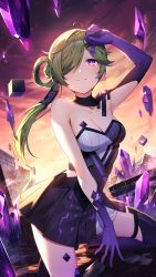 Rule 34 | 1girl, :3, ahoge, arm up, armpits, bare shoulders, black dress, black thighhighs, breasts, cleavage, dress, elbow gloves, gem, girl cafe gun, gloves, gradient background, green hair, hair bun, hair ornament, hair over one eye, hair rings, hairclip, highres, long hair, looking at viewer, medium breasts, nie shirou (girl cafe gun), official art, outdoors, ponytail, purple eyes, purple gemstone, purple gloves, ribbed dress, short dress, side bun, sideless outfit, single hair bun, single side bun, smile, smug, solo, sunset, thighhighs, thighs, white dress