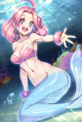 Rule 34 | 1girl, :d, ahoge, air bubble, bandeau, bare shoulders, blue eyes, blush, bracelet, breasts, bubble, cleavage, collarbone, commentary request, coral, coral reef, curly hair, densetsu no stafy, fingernails, full body, groin, jewelry, light rays, long fingernails, long hair, looking at viewer, mermaid, mermaid (starfy), mermaid (starfy), midriff, monster girl, navel, open mouth, outstretched arm, parted bangs, pink bandeau, pink hair, sidelocks, sitting, smile, solo, split tail, teeth, underwater, upper teeth only, yasu suupatenin, yokozuwari
