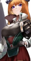 Rule 34 | 1girl, absurdres, arknights, bagpipe (arknights), black gloves, breasts, commentary request, cowboy shot, gloves, hand on own hip, highres, horns, jacket, kajuu, large breasts, long hair, long sleeves, looking at viewer, orange hair, partial commentary, purple eyes, red skirt, skirt, smile, solo, standing