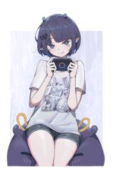 Rule 34 | 1girl, absurdres, blue eyes, controller, game controller, gradient hair, highres, holding, holding controller, holding game controller, hololive, hololive english, looking at viewer, mole, mole under eye, multicolored hair, ninomae ina&#039;nis, ninomae ina&#039;nis (loungewear), official alternate costume, pixie cut, pointy ears, purple hair, rabbit ears antenna, shirt, short hair, short sleeves, shorts, simuyutou, smile, solo, t-shirt, takodachi (ninomae ina&#039;nis), tentacle hair, tentacles, virtual youtuber, white shirt