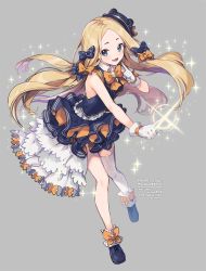 Rule 34 | 1girl, abigail williams (fate), black hat, blonde hair, blue eyes, character name, copyright name, cross-laced footwear, dress, english text, fate/grand order, fate (series), gloves, hat, long hair, nagu, open mouth, shoes, single thighhigh, smile, solo, sparkle, thighhighs, white gloves