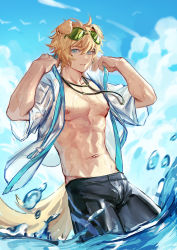 Rule 34 | 1boy, abs, animal ears, arknights, black shorts, blonde hair, blue eyes, blue sky, cloud, day, dog boy, dog ears, dog tail, eyewear on head, highres, hood, hood down, hooded jacket, jacket, looking at viewer, male focus, mosi l, ocean, open clothes, open jacket, open shirt, short hair, shorts, sky, solo, sunglasses, tail, tequila (arknights), water