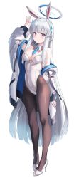 Rule 34 | 1girl, absurdres, alter (kxk7357), animal ears, black pantyhose, blue archive, blue bow, blue bowtie, blush, bow, bowtie, breasts, cleavage, closed mouth, detached collar, fake animal ears, full body, grey hair, halo, high heels, highres, incredibly absurdres, jacket, large breasts, leotard, long hair, long sleeves, looking at viewer, mechanical halo, noa (blue archive), open clothes, open jacket, pantyhose, purple eyes, rabbit ears, simple background, smile, solo, strapless, strapless leotard, two-sided fabric, two-sided jacket, white background, white footwear, white jacket, white leotard
