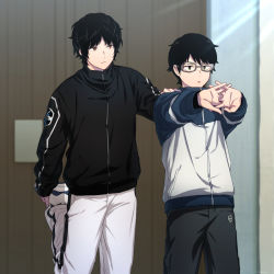 Rule 34 | 2boys, black hair, blurry, brown eyes, closed mouth, commentary, cowboy shot, depth of field, emblem, exercising, frown, futaba 08 cnmrl, glasses, green eyes, grey-framed eyewear, grey pants, hand on another&#039;s arm, highres, interlocked fingers, jacket, karasuma kyousuke, long sleeves, looking afar, looking at another, male focus, mikumo osamu, multicolored clothes, multicolored jacket, multiple boys, outstretched arm, outstretched arms, own hands together, pants, parted lips, semi-rimless eyewear, shoes, short hair, standing, standing on one leg, stretching, symbol-only commentary, training, two-tone jacket, under-rim eyewear, white footwear, white pants, world trigger, zipper