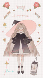 Rule 34 | 1girl, black dress, black footwear, black hat, black sleeves, blonde hair, blunt bangs, blunt ends, brown eyes, collar, collared dress, commentary request, dress, earrings, flower, food, frilled dress, frilled sleeves, frills, fruit, full body, grid background, happy, hat, highres, jewelry, kneehighs, lantern, layered dress, long hair, long sleeves, looking at viewer, mouse (animal), neirutowero6, open mouth, original, pink flower, pink hat, puffy long sleeves, puffy sleeves, rabbit, sample watermark, shoes, short dress, simple background, smile, socks, solo, squirrel, star (symbol), star earrings, straight-on, strawberry, twitter username, two-sided fabric, two-sided headwear, very long hair, watermark, white background, white collar, white dress, white socks, wide brim, witch hat