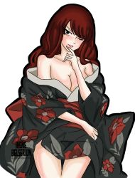 Rule 34 | 1girl, bare shoulders, breasts, brown eyes, cleavage, fairy tail, highres, irene belserion, japanese clothes, large breasts, long hair, looking at viewer, mature female, one eye closed, red hair