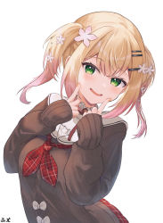 Rule 34 | 1girl, absurdres, blonde hair, blush, brown sweater, flower, fue (lars0713), green eyes, hair flower, hair ornament, highres, hololive, index fingers raised, long sleeves, looking at viewer, momosuzu nene, momosuzu nene (casual), multicolored hair, nail polish, neckerchief, official alternate costume, pink hair, plaid, plaid neckerchief, plaid skirt, red neckerchief, red skirt, signature, simple background, skirt, sleeves past wrists, smile, solo, streaked hair, sweater, twintails, upper body, virtual youtuber, white background