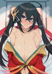 Rule 34 | 1girl, ahoge, armpit crease, azur lane, bare shoulders, black hair, blush, breasts, cleavage, collarbone, crossed bangs, hair between eyes, hair ribbon, hanging breasts, head tilt, heavy breathing, huge breasts, indoors, japanese clothes, kimono, long hair, looking at viewer, mask, messy hair, off shoulder, osuman toruko, parted lips, red eyes, red kimono, red ribbon, ribbon, shiny skin, smile, solo, striped ribbon, taihou (azur lane), twintails
