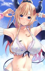 Rule 34 | 1girl, arm behind back, arms up, bikini, blush, breasts, chest tattoo, cleavage, cloud, demon girl, demon horns, demon tail, demon wings, frilled bikini, frills, hair ornament, hair scrunchie, high ponytail, highres, hololive, horn ornament, horn ring, horns, kamishiro mai (capti-no), large breasts, multicolored hair, navel, parted lips, pointy ears, ponytail, red hair, scrunchie, solo, star tattoo, stomach, stomach tattoo, swimsuit, tail, tattoo, virtual youtuber, white bikini, wings, wrist cuffs, yuzuki choco