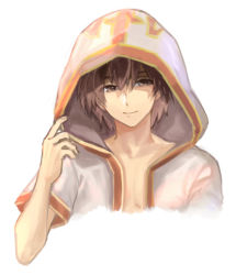 Rule 34 | 1boy, brown eyes, brown hair, closed mouth, coat, commentary request, cropped torso, gold trim, hood, hood up, hooded coat, looking at viewer, male focus, misuguu, monk (ragnarok online), multicolored coat, open clothes, open coat, ragnarok online, red coat, shaded face, simple background, smile, solo, upper body, white background, white coat