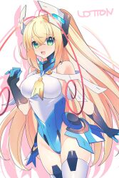 Rule 34 | 1girl, alternate color, alternate costume, azure striker gunvolt, azure striker gunvolt 2, bare shoulders, black gloves, blonde hair, blue leotard, blush, breasts, cosplay, cowboy shot, gloves, green eyes, headgear, high ponytail, highres, large breasts, leotard, lololotton, long hair, looking at viewer, lumen (gunvolt), multicolored hair, open mouth, pink hair, roro (gunvolt), roro (gunvolt) (cosplay), shadow, skindentation, solo, thighhighs, tongue, two-tone hair, white leotard, white thighhighs