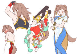 Rule 34 | animal ears, blue pants, blush, bone hair ornament, bracelet, braid, breasts, brown eyes, brown hair, capcom, chain necklace, china dress, chinese clothes, chun-li, chun-li (cosplay), commentary request, cosplay, covering privates, covering breasts, dog ears, dog girl, dog tail, dress, fingerless gloves, flexing, full-face blush, gloves, gradient hair, green hair, hair ornament, hairclip, highres, holding, hololive, inugami korone, jewelry, kimberly jackson, kimberly jackson (cosplay), marisa (street fighter), marisa (street fighter) (cosplay), medium breasts, midriff, multicolored hair, necklace, open mouth, pants, sabaku chitai, shoes, sneakers, sports bra, spray can, street fighter, street fighter 6, sweat, tail, topless, twin braids, virtual youtuber, zangief, zangief (cosplay)