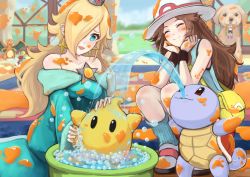 Rule 34 | 1boy, 3girls, :3, :d, ^ ^, aqua eyes, bag, bare shoulders, bathtub, black eyes, blonde hair, blue dress, blush, breasts, brown hair, carpet, charizard, closed eyes, closed mouth, collarbone, commentary, creatures (company), crown, day, dress, earrings, eating, f.l.u.d.d., flame-tipped tail, flying sweatdrops, game freak, gen 1 pokemon, hair over one eye, handbag, hands on own cheeks, hands on own face, hat, highres, indoors, ink, inkling, inkling girl, inkling player character, ippers, jewelry, leaf (pokemon), leg warmers, long hair, long sleeves, luma (mario), mario (series), medium breasts, multiple girls, nintendo, nintendogs, off-shoulder dress, off shoulder, open mouth, outstretched arms, pokemon, pokemon (creature), pokemon frlg, red eyes, rosalina, shoes, shoulder bag, sitting, smile, soap, splatoon (series), sponge, squatting, squirtle, star (symbol), sun hat, super mario galaxy, super mario sunshine, super smash bros., sweat, sweatband, symbol-only commentary, tank top, very long hair, washing, when you see it, white footwear, white hat