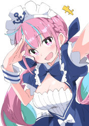 Rule 34 | 1girl, :d, absurdres, anchor symbol, blue hair, breasts, bright pupils, cleavage, commentary request, highres, hololive, ixy, large breasts, looking at viewer, minato aqua, minato aqua (1st costume), multicolored hair, open mouth, pink eyes, pink hair, salute, selfie, simple background, smile, solo, two-tone hair, virtual youtuber, white background, white pupils