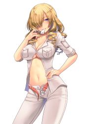 Rule 34 | 108 gou, 1girl, absurdres, belt, blonde hair, blue eyes, blush, breast pocket, breasts, buttons, cleavage, collarbone, cowboy shot, drill hair, drill sidelocks, eyelashes, fingernails, hair over one eye, hand on own hip, hand up, highres, holding, large breasts, legs apart, long hair, looking at viewer, midriff, mouth hold, navel, no bra, open belt, open clothes, open fly, open shirt, oriana thomason, pants, paper, pocket, shirt, short sleeves, sidelocks, simple background, sleeves rolled up, smile, solo, standing, stomach, toaru majutsu no index, uchi no hime-sama ga ichiban kawaii, unbuttoned, underboob, white background, white pants