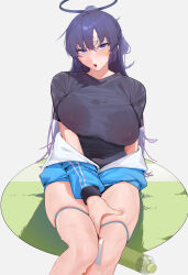 Rule 34 | 1girl, absurdres, bare legs, black shirt, blue archive, bottle, breasts, chinese commentary, commentary, covered erect nipples, feet out of frame, halo, highres, jacket, lanyard, large breasts, long hair, looking at viewer, no bra, official alternate costume, purple hair, rounan58287, shirt, sitting, skindentation, solo, star (symbol), star sticker, sticker on face, sweat, sweaty clothes, thighs, track jacket, very long hair, water bottle, yuuka (blue archive), yuuka (track) (blue archive)