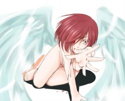 Rule 34 | 1girl, angel, angel wings, arima natsubon, bad id, bad pixiv id, blood, breasts, crazy eyes, hair over one eye, nipples, nude, red eyes, red hair, short hair, small breasts, solo, wings