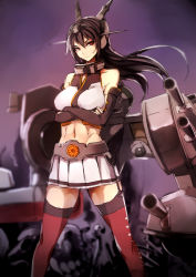 Rule 34 | 10s, 1girl, black gloves, black hair, breast hold, breasts, crossed arms, elbow gloves, genyaky, gloves, headgear, highres, kantai collection, large breasts, machinery, nagato (kancolle), navel, red eyes, red thighhighs, skirt, solo, standing, thighhighs