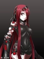 Rule 34 | 1girl, android, arm cannon, blame!, breasts, hair over one eye, halulu, joints, long hair, looking at viewer, maeve (blame!), medium breasts, navel, red eyes, red hair, robot joints, simple background, solo, standing, weapon