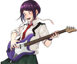 Rule 34 | 1girl, audio jack, bass guitar, blush, boku no hero academia, collared shirt, commentary request, epaulettes, green skirt, highres, instrument, jirou kyouka, kobaji, looking down, nail polish, necktie, open mouth, pleated skirt, purple hair, red nails, red necktie, revision, school uniform, shirt, short hair, simple background, skirt, sleeves rolled up, solo, sweat, u.a. school uniform, white background, white shirt