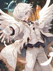 Rule 34 | 1boy, :d, angel, angel wings, architecture, artist name, ascot, bishounen, black shirt, blue eyes, blue halo, blurry, buttons, collared shirt, commentary request, cowboy shot, depth of field, feathered wings, feathers, fingerless gloves, ghost, gloves, hair between eyes, halo, head tilt, highres, jacket, long sleeves, looking at viewer, male focus, namiki itsuki, night, open clothes, open jacket, open mouth, original, outstretched arm, pale skin, pants, reaching, reaching towards viewer, shirt, short hair, smile, solo, standing, tassel, teeth, upper teeth only, very short hair, white ascot, white gloves, white hair, white jacket, white pants, wings