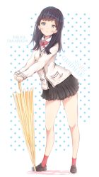 Rule 34 | 10s, 1girl, black hair, black skirt, blue eyes, blush, bow, bowtie, brown footwear, buttons, cardigan, character name, closed umbrella, commentary request, copyright name, full body, gridman universe, holding, holding umbrella, jerry3912, loafers, long hair, long sleeves, looking at viewer, pleated skirt, pocket, polka dot, polka dot background, red bow, red bowtie, red socks, school uniform, shoes, skirt, socks, solo, ssss.gridman, standing, takarada rikka, umbrella, wing collar