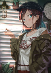 Rule 34 | 1girl, window blinds, blue eyes, blush, cabbie hat, clock, earrings, hair ornament, hairclip, hand in pocket, hat, indoors, jacket, jewelry, kinugasa yuuichi, long hair, off shoulder, original, plant, potted plant, red hair, ring, solo