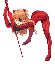Rule 34 | 1girl, arm support, ass, blue eyes, bodysuit, evangelion: 3.0 you can (not) redo, eyepatch, fang, full body, hair ornament, highres, holding, holding weapon, lance, lance of longinus (evangelion), neon genesis evangelion, open mouth, orange hair, pilot suit, plugsuit, polearm, rebuild of evangelion, red bodysuit, simple background, skin fang, solo, souryuu asuka langley, standing, tefduck, weapon, white background, wide hips