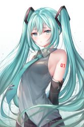 Rule 34 | 1girl, bad id, bad pixiv id, bare shoulders, black skirt, black sleeves, blush, breasts, collared shirt, gradient background, green eyes, green hair, grey background, grey shirt, hair between eyes, hatsune miku, long hair, looking at viewer, murano, parted lips, pleated skirt, shirt, skirt, sleeveless, sleeveless shirt, small breasts, solo, tie clip, twintails, very long hair, vocaloid, white background