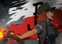 Rule 34 | 1girl, armband, blue eyes, blurry, blurry background, bottle, brown hair, brown headwear, collared shirt, commentary, depth of field, embers, english commentary, fire, fire, frown, grey shirt, gun, highres, holding, holding bottle, looking to the side, medium hair, molotov cocktail, mrxinom, open mouth, original, field cap, polish flag, rifle, shirt, solo, standing, weapon, weapon on back