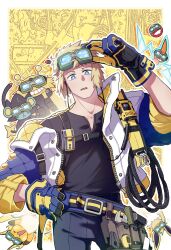 Rule 34 | 1boy, adjusting eyewear, belt, belt pouch, black fur, black shirt, blonde hair, blue eyes, blue gloves, blue jacket, blue pants, border, bright pupils, collarbone, commentary request, contrapposto, creatures (company), electivire, electrode (pokemon), game freak, gen 1 pokemon, gen 4 pokemon, gloves, goggles, goggles on head, grin, hand on eyewear, hand on own hip, highres, jacket, jolteon, kanull pic, korean commentary, luxray, male focus, multicolored clothes, multicolored jacket, nintendo, open clothes, open jacket, open mouth, outside border, pants, pokemon, pokemon (creature), pokemon dppt, pouch, raichu, rope, rotom, rotom (normal), shirt, short hair, smile, tail, teeth, tools, two-tone gloves, volkner (pokemon), walkie-talkie, white border, white jacket, white pupils, yellow background, yellow gloves, yellow jacket
