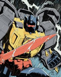 Rule 34 | 1980s (style), 1boy, autobot, casey w. coller, clenched hand, commentary, english commentary, grimlock, holding, holding sword, holding weapon, insignia, looking at viewer, mecha, no humans, oldschool, retro artstyle, robot, solo, sword, transformers, visor, weapon