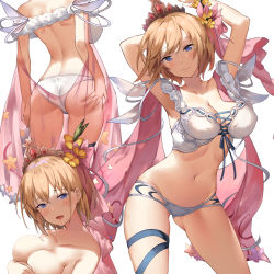 Rule 34 | 1girl, arched back, arm behind head, armpits, arms up, ass, back, bare shoulders, bikini, blue eyes, breast hold, breasts, brown hair, butt crack, cleavage, closed mouth, collarbone, contrapposto, covered erect nipples, duplicate, europa (granblue fantasy), europa (summer) (granblue fantasy), flower, from behind, gluteal fold, granblue fantasy, hair flower, hair ornament, large breasts, leg ribbon, looking at viewer, multiple views, navel, open mouth, ribbon, see-through, short hair, sidelocks, simple background, stomach, suzuame yatsumi, swimsuit, tiara, topless, white background, white bikini, yellow flower