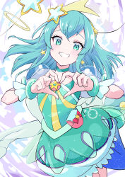 Rule 34 | 1girl, absurdres, aqua choker, aqua dress, aqua eyes, aqua hair, bracelet, brooch, commentary, cowboy shot, cure milky, dress, earrings, grin, hagoromo lala, hair ornament, hairband, heart, heart hands, highres, jewelry, keijirou (mukunozaltusou), looking at viewer, magical girl, medium hair, pointy ears, pouch, precure, puffy short sleeves, puffy sleeves, see-through clothes, see-through sleeves, short dress, short sleeves, smile, solo, standing, star (symbol), star brooch, star earrings, star hair ornament, star twinkle precure, yellow hairband