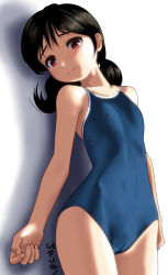 Rule 34 | 1girl, artist name, bare arms, bare shoulders, black hair, blue one-piece swimsuit, blush, cameltoe, closed mouth, collarbone, competition school swimsuit, covered erect nipples, covered navel, cowboy shot, flat chest, frown, head tilt, long hair, looking at viewer, low twintails, one-piece swimsuit, original, red eyes, rohitsuka, school swimsuit, shadow, simple background, solo, standing, swimsuit, twintails, white background