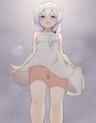 Rule 34 | 1girl, :d, absurdres, bare shoulders, blue eyes, breasts, cleft of venus, dress, from below, grey background, highres, honkai (series), honkai impact 3rd, long hair, looking at viewer, lrichle, medium breasts, no panties, open mouth, pussy, pussy juice, side ponytail, sleeveless, sleeveless dress, smile, solo, sundress, theresa apocalypse, white dress, white hair