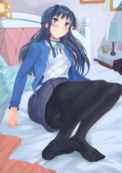 Rule 34 | 10s, 1girl, 3:, black hair, black pantyhose, blue eyes, blush, commentary request, evefly megane p, feet, gusset, highres, idolmaster, idolmaster million live!, long hair, looking at viewer, md5 mismatch, mogami shizuka, no shoes, on bed, pantyhose, resolution mismatch, ribbon, soles, solo, source larger