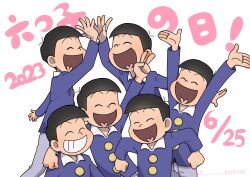 Rule 34 | 2023, 6+boys, arm around shoulder, black hair, blue shirt, brothers, clenched hands, closed eyes, collared shirt, dated, heart, heart in mouth, high five, highres, long sleeves, male focus, matsuno choromatsu, matsuno ichimatsu, matsuno jyushimatsu, matsuno karamatsu, matsuno osomatsu, matsuno todomatsu, multiple boys, open mouth, osomatsu-kun, osomatsu (series), outstretched arms, sextuplets, shirt, siblings, simple background, smile, t-madoma, twitter username, white background