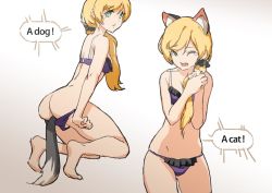 Rule 34 | 1girl, anal, anal object insertion, anal tail, animal ears, ass, bad id, bad pixiv id, blonde hair, bra, breasts, butt plug, cat ears, cleavage, dog ears, ellen baker, fake tail, forced, green eyes, hjl, humiliation, long hair, multiple views, new horizon, object insertion, one eye closed, open mouth, panties, ponytail, purple bra, purple panties, scrunchie, sex toy, small breasts, tail, tears, teeth, underwear