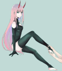Rule 34 | 1girl, ankle grab, barefoot, black gloves, black leggings, black leotard, black thighhighs, blue background, darling in the franxx, elbow gloves, feet, holding with feet, gloves, green eyes, hands on feet, horns, invisible chair, leggings, leotard, long hair, looking at viewer, mukkun696, pink hair, simple background, sitting, thighhighs, very long hair, zero two (darling in the franxx)