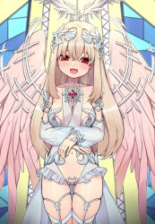 Rule 34 | 1girl, :d, player character (mabinogi), bare shoulders, blonde hair, breasts, choker, collarbone, commentary request, commission, detached sleeves, feathered wings, frilled leotard, frills, gluteal fold, hair between eyes, hair intakes, leotard, long hair, long sleeves, mabinogi, medium breasts, nipples, open mouth, pink wings, pixiv commission, puffy long sleeves, puffy sleeves, red eyes, see-through, see-through sleeves, skindentation, sleeves past wrists, smile, solo, tama (tamatamo), thigh gap, very long hair, white choker, white leotard, wings
