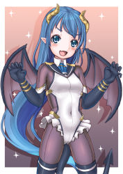 Rule 34 | 1girl, adapted costume, black gloves, black thighhighs, blue eyes, blue hair, blue neckerchief, bodysuit, bodysuit under clothes, breasts, demon costume, demon horns, demon tail, demon wings, elbow gloves, fake horns, fake wings, fang, frilled leotard, frills, gloves, gradient background, gradient hair, graphite (medium), halloween, halloween costume, horns, kantai collection, kurogane daichi, leotard, long hair, multicolored hair, neckerchief, open mouth, pink background, samidare (kancolle), shadow, small breasts, solo, star (symbol), starry background, tail, thighhighs, traditional media, very long hair, white leotard, wings